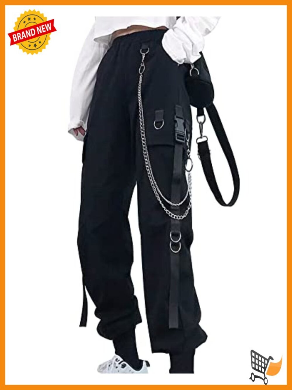 Kisswow High Waisted Baggy Cargo Pants with Chain Pockets Women Y2K Grunge